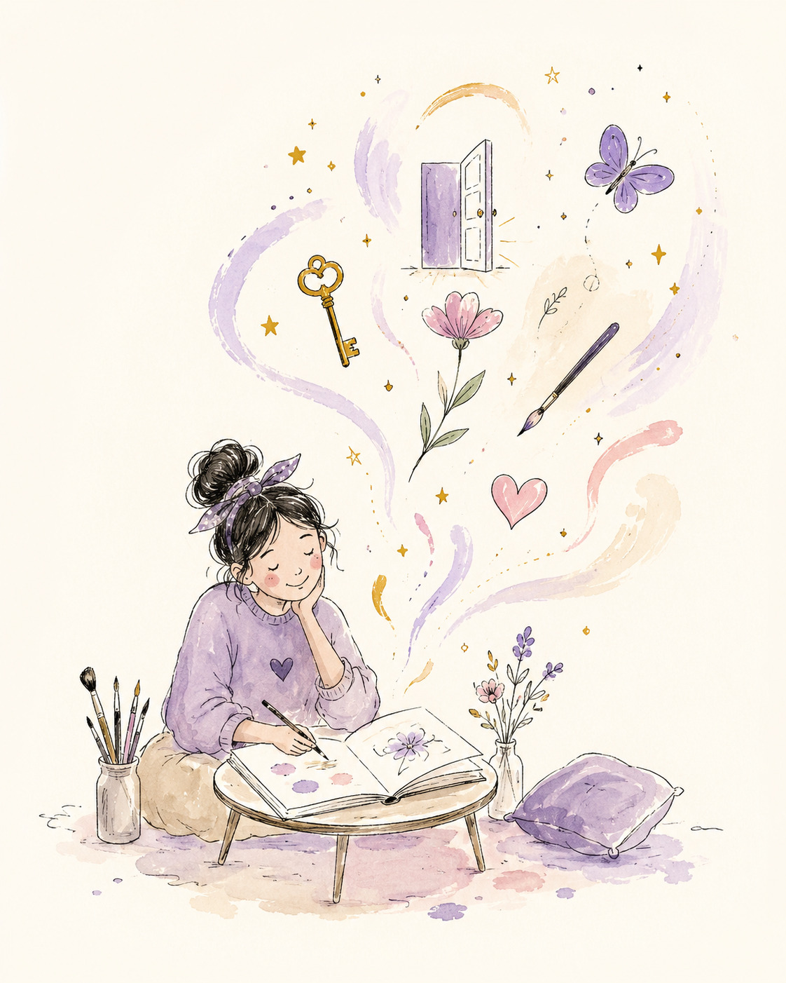 A girl daydreaming with creative vision — watercolor illustration