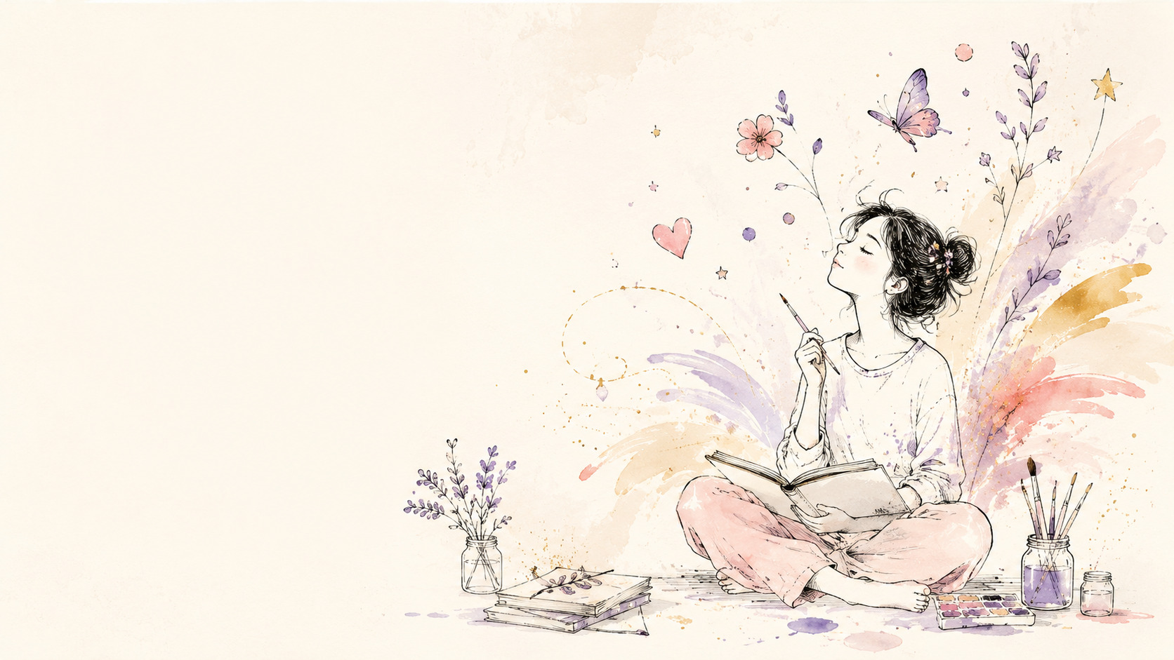 Girl journaling and dreaming — watercolor illustration