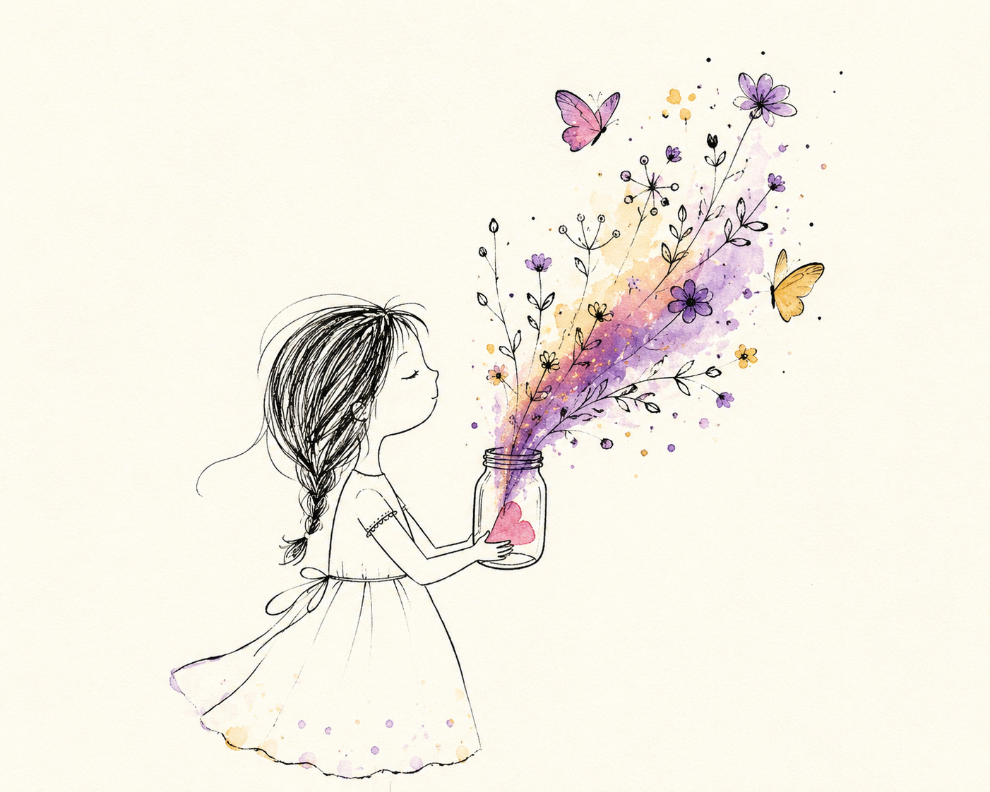 Girl releasing magic from a jar with butterflies — watercolor illustration