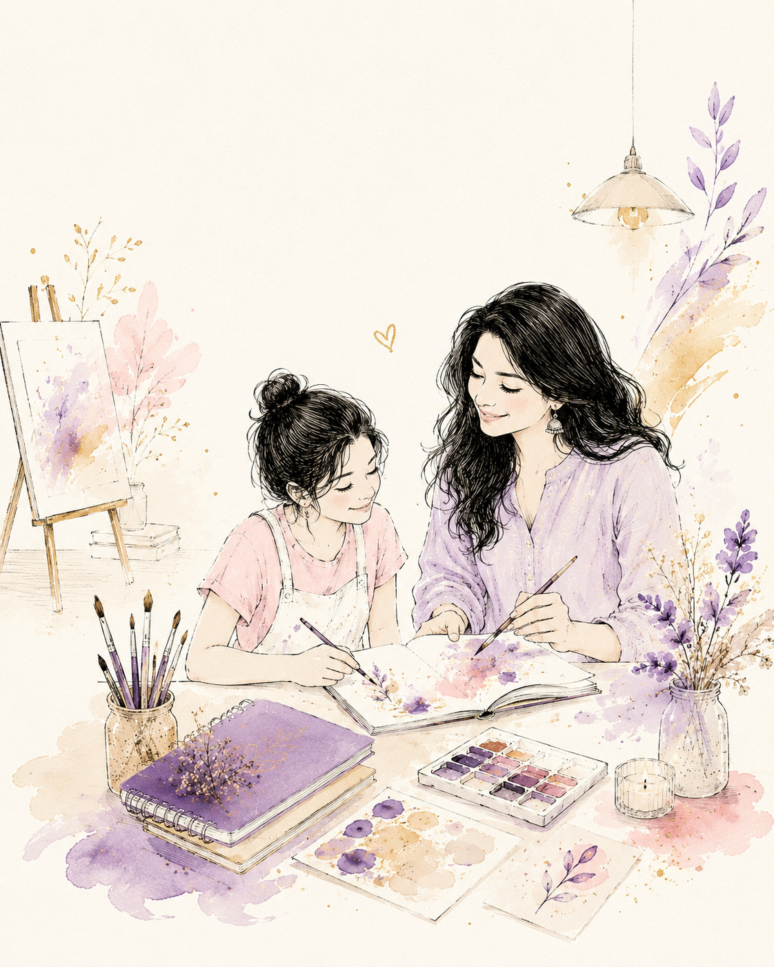 Mother and child painting together — watercolor illustration